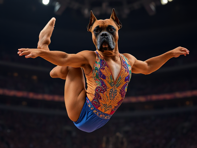 Anthropomorphic boxer dog with an expressive face, showcasing a muscular and athletic physique, performing gymnastics in an elegantly contorted and graceful manner amidst a grand arena, vibrant and shiny leotard with intricate geometric and floral patterns that catch the light beautifully, dynamic pose capturing mid-motion agility, fur texture rendered with exceptional detail revealing natural color gradients from head to paws, realistic lighting highlighting the contours of its body and casting dramatic shadows for enhanced depth and dimension
