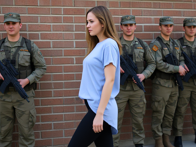 Brunettes in her early 20s hair down wearing a light blue loose t shirt that cuts at her knees and black yoga pants lined up against a brick wall by a military squad