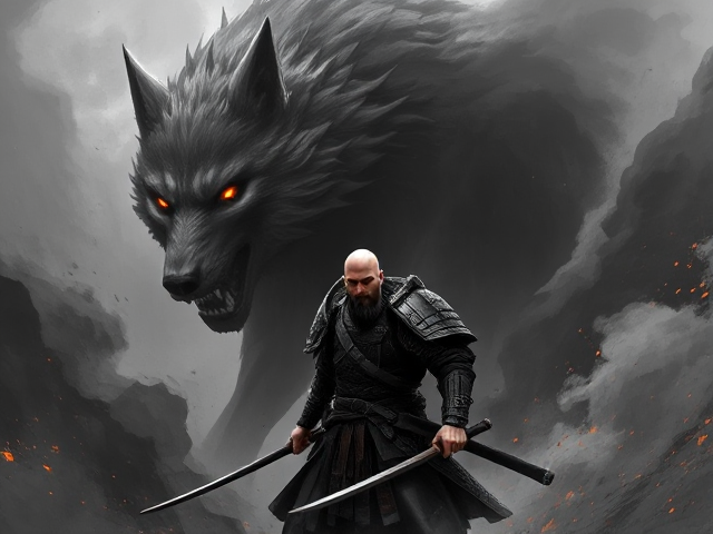 a dynamic and dramatic scene featuring a lone samurai with a stern expression, standing with a drawn katana. His armour is intricate and dark, with flowing details, and he has a bald head with a bushy beard. Behind him looms a massive, spectral wolf with glowing orange eyes, its form blending into a swirling, smoke-like background. Splashes of fiery orange embers and glowing streaks contrast against the monochromatic palette of black, grey, and white. The art style should resemble a digital painting with high detail, bold strokes, and a mix of realism and fantasy, evoking an intense and mystical atmosphere.