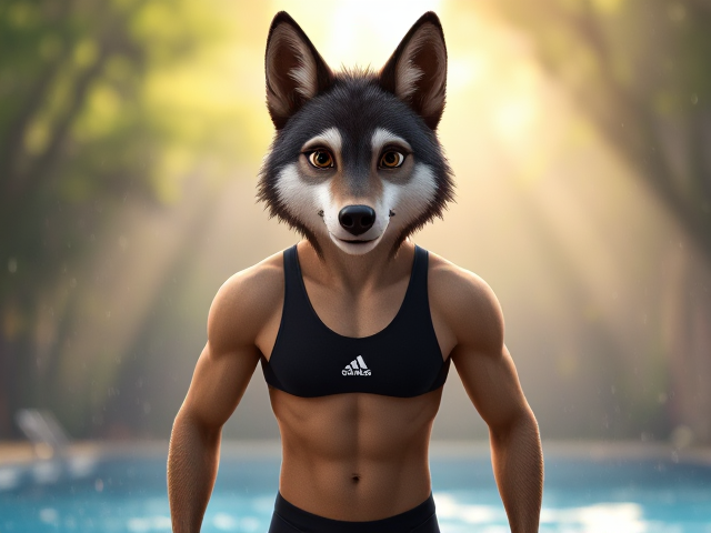 A wolf Olympic swimmer with a long torso, short legs, long arms and broad shoulders, wearing a adidas one piece swimsuit