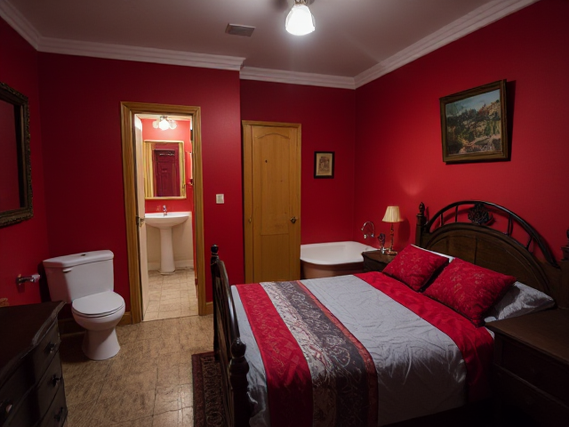 A top floor small bedroom in a big house with  bathroom with a toilet and tub near it red walls a Victorian bed with grey and red covers