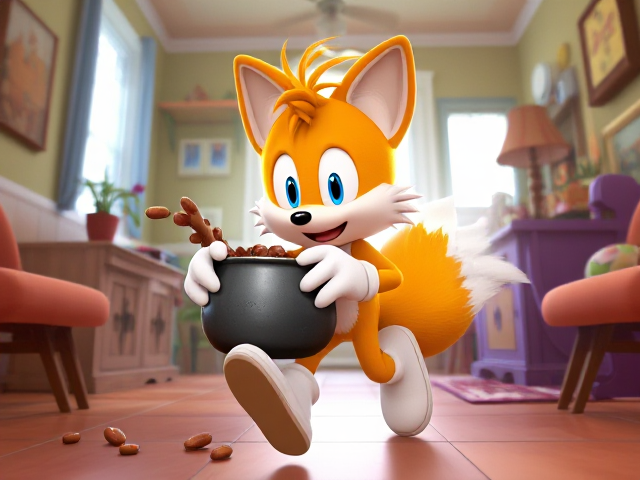 A young and adorable depiction of a smaller, younger version of Miles "Tails" Prower wearing gloves and white socks. He is running through a brightly lit, colorful house with playful decorations and furniture, carrying a GIANT pot of baked beans that he totally didn't steal. Beans are splashing out of the pot as Tails mischievously looks behind him to ensure he isn't being chased. His two tails are flowing behind him dynamically, adding to the sense of motion and excitement in the scene.