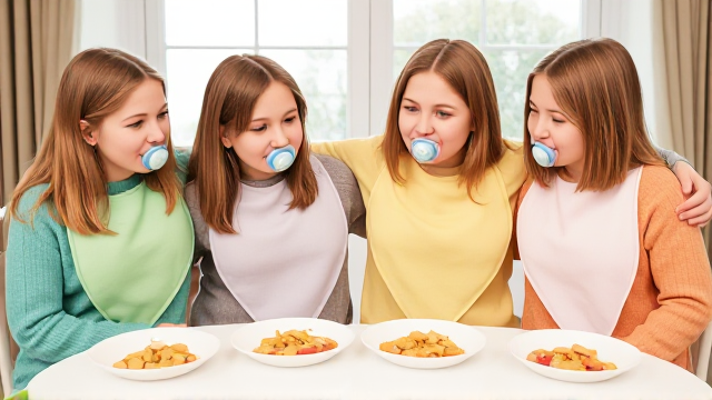 Quatre filles adolescentes aux cheveux lisses et dégagé et de différentes couleurs a l'avant assis a table  avec de la nourriture pour bébé  avec des grands bavoirs simple de différentes couleurs et des tétines en bouches elles ont des pull de différentes couleurs que les Bavoirs et avec des pantalons elle se font un gros câlin et il y a une grande fenêtre derrière la table