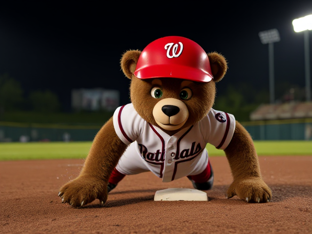 thin athletic human teddy bear 5 feet 5 inches tall dark creme fur green eyes wearing a nationals uniform red helmet with a white letter N logo white jersey with Nats written across the front in navy and red white baseball pants with red and navy piping down the sides red baseball socks navy and red baseball cleats diving headfirst on the dirt into second base on a minor league baseball field