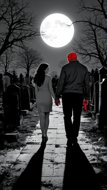 une photo très ancienne en noir et blanc représentant Hellboy (coloré) se promenant main dans la main avec la magnifique Elvira dans un cimetière. l'amour entre les personnages apporte du bonheur au milieu du cimetière lugubre et abandonné. la pleine lune en arrière plan met en valeur leurs silhouettes.
seul Hellboy est en couleur contrastant avec l'image en noir et blanc