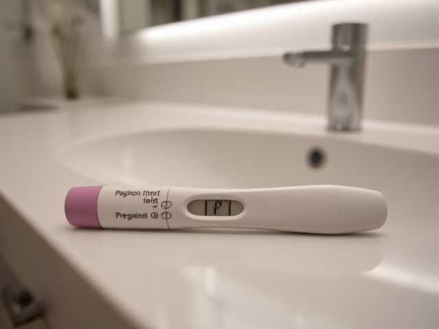 English Positive pregnancy test laying flat on a white bathroom counter, with a silver sink, and a mirror