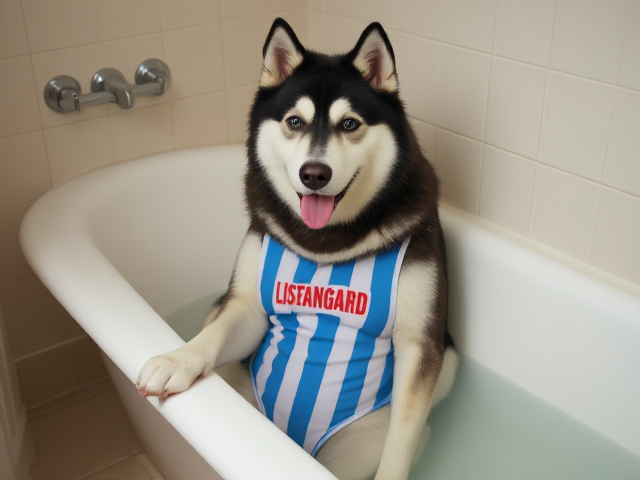 Anthropomorphic Alaskan malamute lifeguard swimsuit sitting in a bathtub