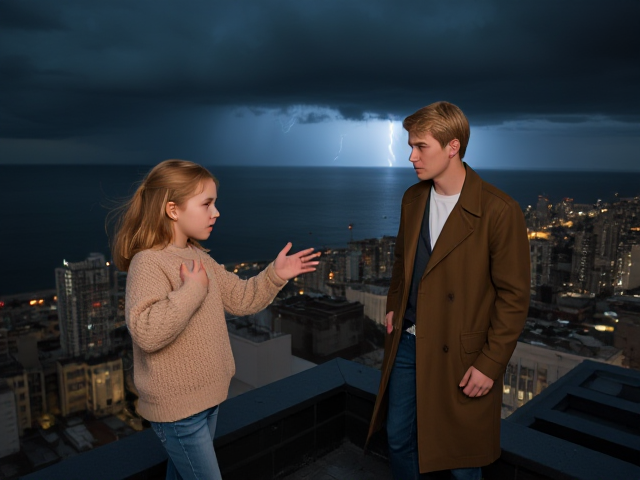 A petite 13-year-old girl with strawberry blonde hair, wearing a cozy pullover and jeans, is standing on the roof ledge of a night club. Next to her on the roof, standing nearby is a modern-day, pale skinned vampire in his late twenties, with blonde hair, dressed in a brown trench coat and jeans. He appears uneasy as he looks at her. The girl gestures angrily at him, flailing her arms. A thunderstorm approaches the cityscape from the sea shore.