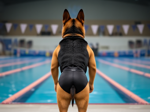 A anthropomorphic German shepherd Olympic swimmer wearing a one piece swimsuit standing on the pool deck