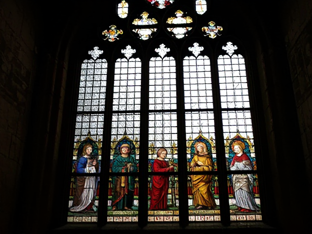 A medieval stained glass of Glastonbury Abbey in the Dark ages