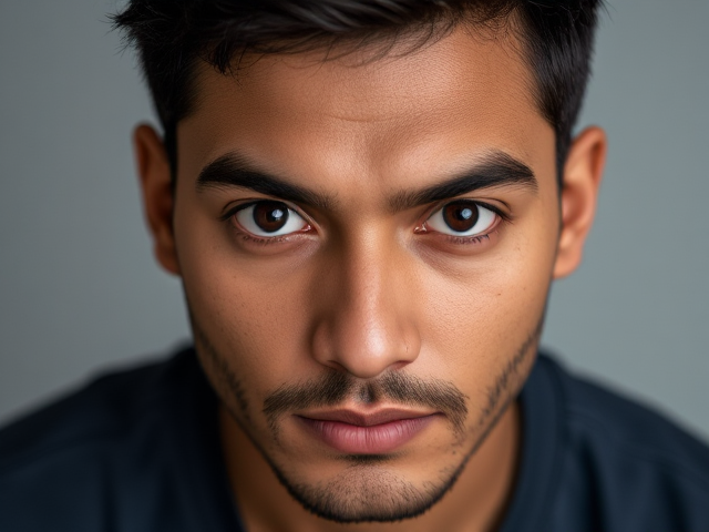 create a realistic asian indian guy with a neutral but intense expression. He should have shocking wide-open eyes staring straight ahead.