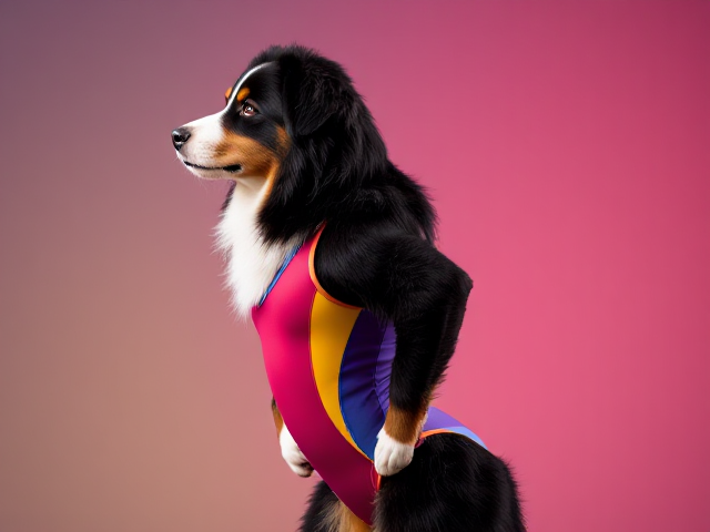Bernese mountain dog with strong hips, wearing a colorful gymnastics leotard, in an athletic pose, vibrant background