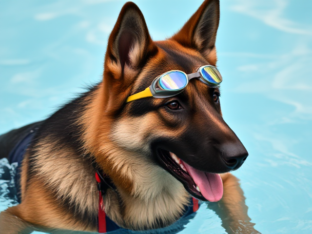 A Anthropomorphic German shepherd wearing a sports swimsuit and swimming goggles