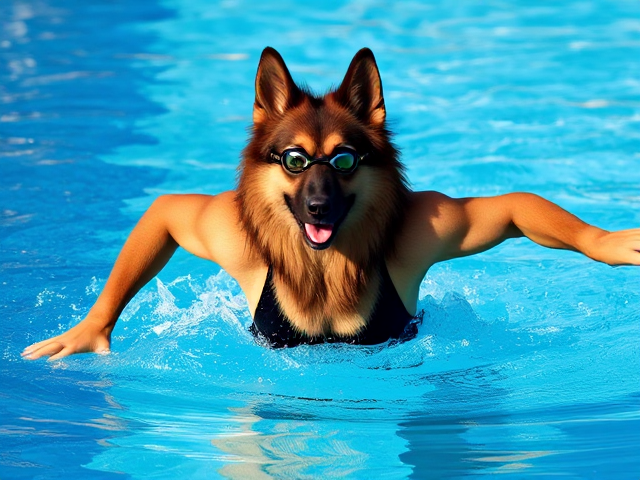 A anthropomorphic long haired German shepherd Olympic swimmer with a long torso, stretching while wearing a one piece swimsuit and swimming goggles