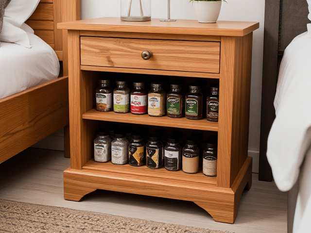 Un meuble en bois, présentoir à épices.
(Style chevet, inspiration petite table, petit coffre.)