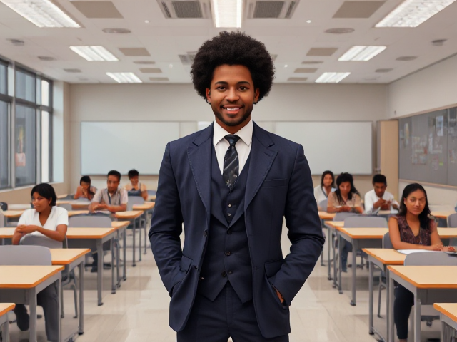Un enseignant afro-américain en costume, debout devant une salle de classe moderne et lumineuse, avec des élèves assis à leurs bureaux, souriant et attentifs