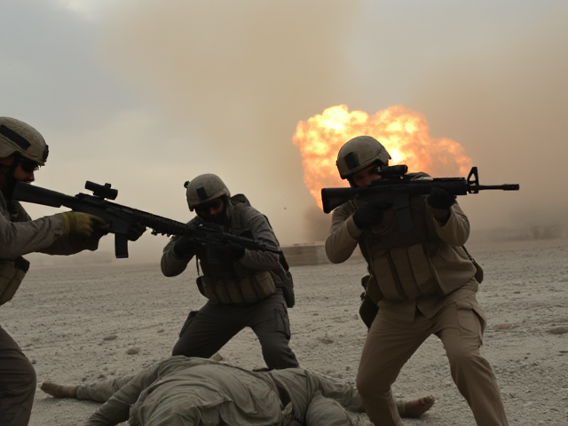 American Soldier's get into a gunfight with terrorists in afghanistan, both terrorist and soldier are visible, smoke and explosions, dead body
