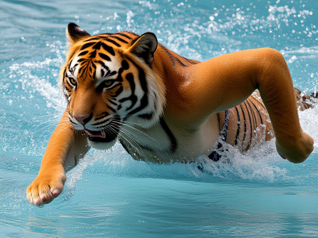 Anthropomorphic tiger in a swimsuit performing a swimming stroke, detailed fur texture, dynamic water splashes, realistic lighting