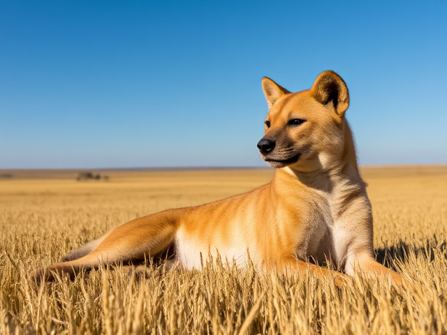 Hyena relaxing in a golden wheat field, surrounded by the expansive rural landscape of North Dakota under a clear blue sky, during daylight hours