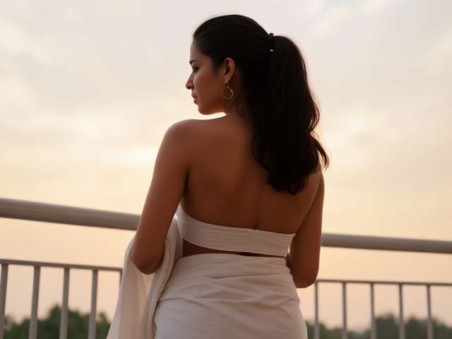 Skinny Indian woman's back turned on a balcony with a white saree on