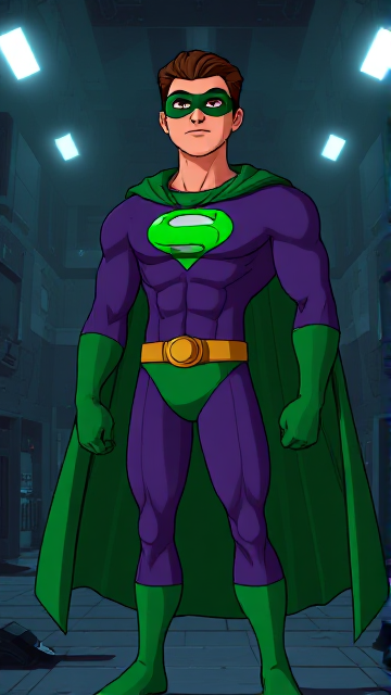 Cartoon scene: A young, Autistic 25-year old boy with light skin and flat, smooth, and slick brown hair named T.J. Granger, but transformed into a genetically-altered superhero named Powerman, who, despite still being a young adult kid, has an extremely muscular body. He wears a sleek purple suit with a green P symbol on his chest, a gold belt with a circular buckle, green briefs, green boots, green long-cuffed gloves, a really big, toe-length long, ultra-wide green cape wreathed around his neck, and a green eye mask that protects his true identity. He also has incredible and invincible superpowers flowing through his veins. In this scene, Powerman is currently standing in his secret high-tech underground lair, awaiting a call on the supercomputer from his masters about his next mission.