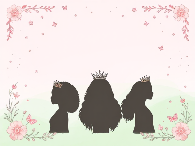 Design a magical first page for a journal intended for girls, featuring a soft pastel background that transitions from light pink at the top to mint green at the bottom. Include a decorative border adorned with delicate, lightly sketched flowers, whimsical stars, playful butterflies, and scattered sparkles that evoke a sense of wonder. In the center of the page, feature elegant silhouette of diverse girl wearing crown, celebrating  empowerment. These silhouette should be artistically integrated into the design, adding a touch of royalty and inspiration. Ensure there’s ample clear space for an inspiring quote or title, making the overall layout versatile for various journal themes. The edges should be soft and inviting, creating a warm atmosphere that encourages creativity and positivity."