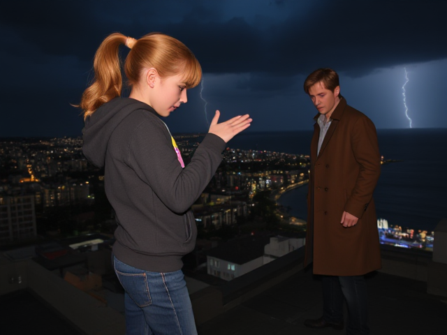 A petite 13-year-old girl with strawberry blonde hair, wearing a hooded pullover and jeans, her hair in a ponytail, is standing on the ledge of a night club roof. Next to her on the roof, standing near the ledge but not on it, a modern-day, pale skinned vampire in his late twenties, with blonde hair, dressed in a brown trench coat and jeans. He appears uneasy as he looks at her. The girl gestures angrily at him, flailing her arms. A thunderstorm approaches the cityscape from the sea shore. Set at night.