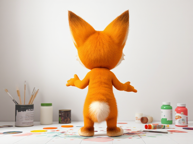 A very cute and young back shot of Miles Tails Prower, the Two-Tailed fox, with fluffy fur and a vibrant orange coat, standing against the back wall of a blank white room. Various paint cans and painting utensils are scattered around him as he playfully attempts to make art with his hands. Tails has different colors of paint splattered over his fur, with colorful smudges on his cheeks and paws. His big blue eyes are filled with joy and excitement as he creates his masterpiece. The room has a soft shadow effect to give depth to the scene. There is a butt print made out of paint implying Tails had accidentally sat in some paint