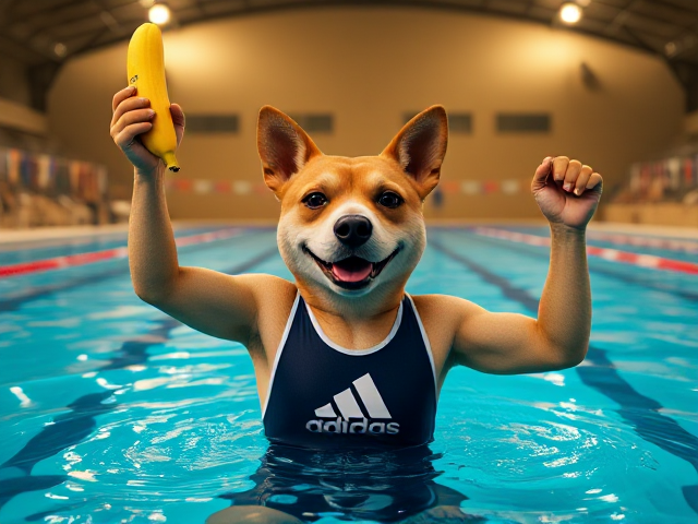 An anthropomorphic dog wearing an Adidas swim suit in an Olympic pool triumphantly holding up a banana.