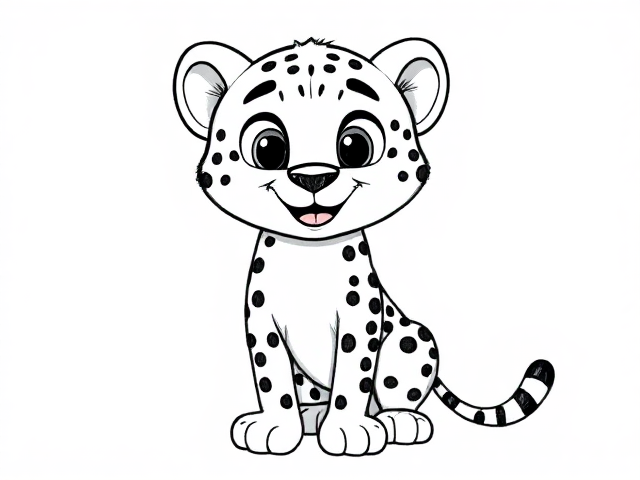A high-quality, clear sketch of a happy cartoon-style cheetah with clean and bold outlines, featuring large expressive eyes and a friendly smile. The cheetah is in a full body view and is set against a plain white background. The image is designed for a children's coloring book with no shading or colors. The lines are smooth, continuous, and thick enough for easy coloring. There are no shadows or additional textures.