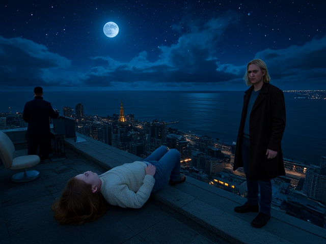 A petite 12-year-old girl with strawberry blonde hair, wearing a cozy pullover and jeans, is lying on the roof ledge of a night club. She is on her back, gazing up at the night sky filled with stars. Next to her on the roof, standing nearby is a modern-day, pale skinned vampire in his late twenties, with striking blonde hair, dressed in a brown trench coat and jeans. He appears uneasy as he looks downward. A storm approaches the cityscape from the nearby shoreline.