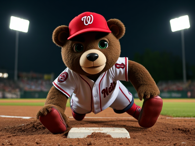 thin athletic human teddy bear 5 feet 5 inches tall dark creme fur green eyes wearing a nationals uniform red hat with a white letter N logo white jersey with Nats written across the front in navy and red white baseball pants with red and navy piping down the sides red baseball socks navy and red baseball cleats diving headfirst on the dirt into second base on a minor league baseball field