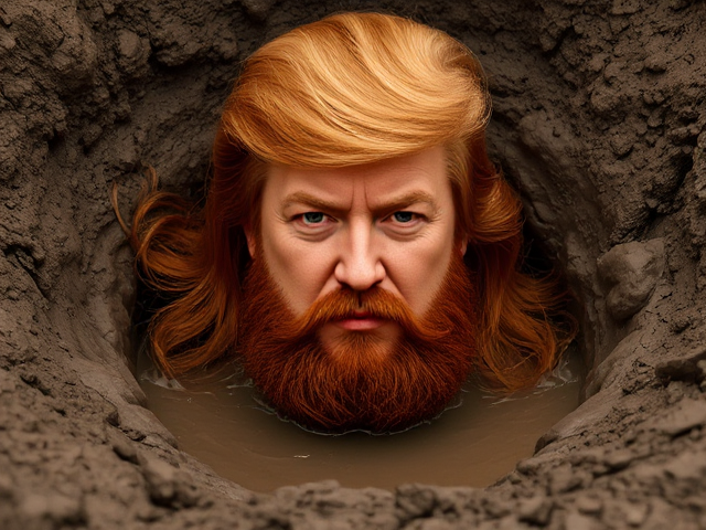 Saddam Hussein and Donald Trump hybrid but with long red hair, hiding in a hand-crafted mud hole, realistic, high detail, somber atmosphere