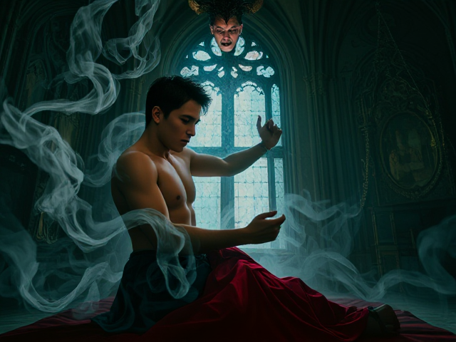 Young man battling insomnia and anxiety, symbolic dance with the devil, two figures in a toxic embrace, the devil guiding him toward madness. Intricate shadows twist around them, swirling smoke forms mysterious patterns. Vivid colors clash dramatically with surrounding darkness. Expressive faces reveal deep inner turmoil and despair. Gothic architecture looms ominously in the background. Ethereal lighting casts eerie glows and spectral highlights. Haunting reflections in cracked mirrors show distorted realities. The setting is an abstract bedroom scene, shrouded in mystery, with the devil appearing truly devilish, not human-like