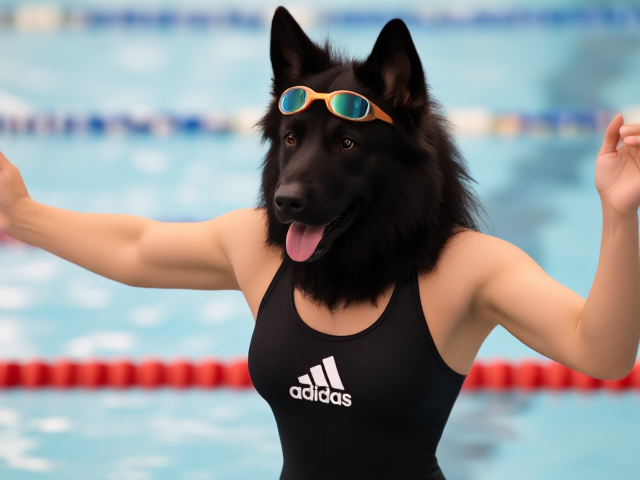 A tall anthropomorphic long haired black German shepherd wearing an adidas swimsuit and swimming goggles stretching her arms before a swim