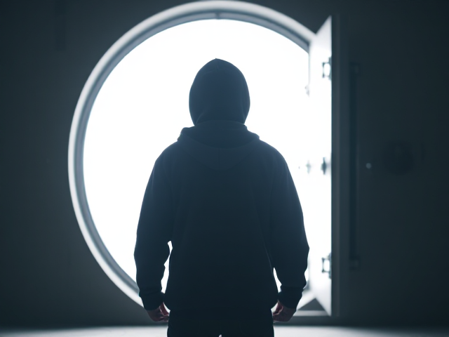 A person stands facing a glowing doorway or vault, but their face is obscured by shadows or a hoodie, adding mystery to their identity. The bright light from the door spills out, but what’s inside remains hidden, creating intrigue. The figure’s posture suggests they are about to uncover something important or secret, but the viewer can only guess what it might be. The background is minimal to focus all attention on the suspenseful moment, with a mix of light and shadow to keep viewers curious."