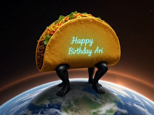A taco with human legs squats over earth.   A computer screen says "Happy Birthday Ari"