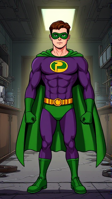 Dramatic Comic Book Cartoon scene: A young, Autistic 25-year old boy with light skin and flat, smooth, and slick brown hair named T.J. Granger, but transformed into a genetically-altered superhero named Powerman, who, despite still being a young adult kid, has an extremely muscular body. He wears a sleek purple suit with a green P symbol on his chest, a gold belt with a circular buckle, green briefs, green boots, green long-cuffed gloves, a really big, toe-length long, ultra-wide green cape wreathed around his neck, and a green eye mask that protects his true identity. He also has incredible and invincible superpowers flowing through his veins. In this scene, Powerman is currently standing in a dark, abandoned laboratory, looking for clues to the mystery he is trying to solve.