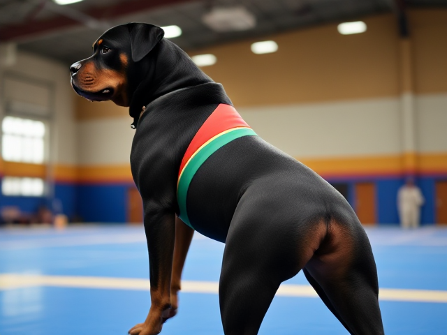 Anthropomorphic Rottweiler wearing a colorful gymnastics leotard, emphasizing its strong hips, in a vibrant gymnasium setting