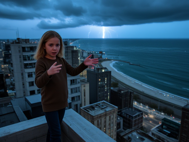 A petite 13-year-old girl with strawberry blonde hair, wearing a pullover and jeans, is standing on the roof ledge of a night club. Next to her on the roof, standing nearby is a modern-day, pale skinned vampire in his late twenties, with blonde hair, dressed in a brown trench coat and jeans. He appears uneasy as he looks at her. The girl gestures angrily at him, flailing her arms. A thunderstorm approaches the cityscape from the sea shore. Set at night.