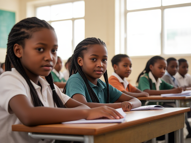 Des élèves africaines  âgés de huit ans avec des tresses assis dans une salle de classe lumineuse, concentrés sur un devoir, avec des bureaux et du matériel scolaire visible autour d'eux, lumière naturelle entrant par les fenêtres