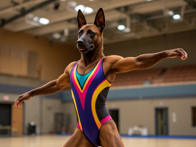 Anthropomorphic Belgian Malinois wearing a colorful gymnastics leotard, performing in a well-lit gymnasium, dynamic pose, detailed fur and fabric textures