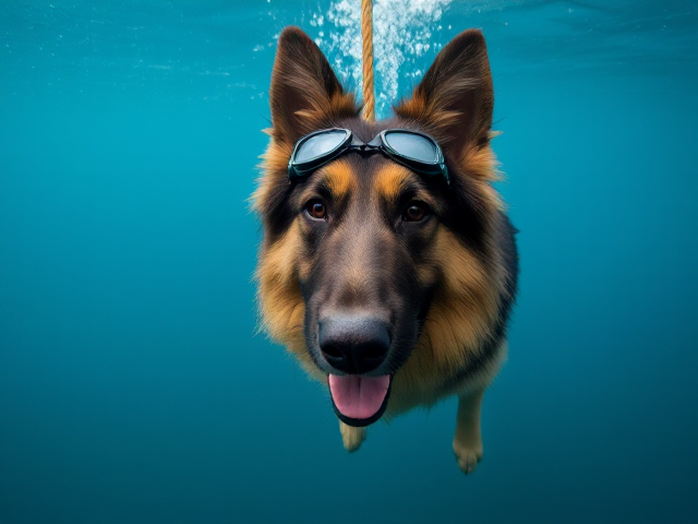 A long haired German shepherd Freediving wearing goggles hanging on to a dive rope