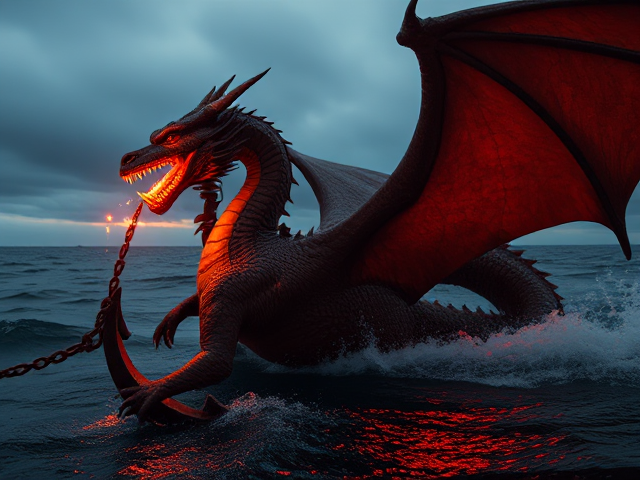 The life of dragon tugging anchor with a blazing heart