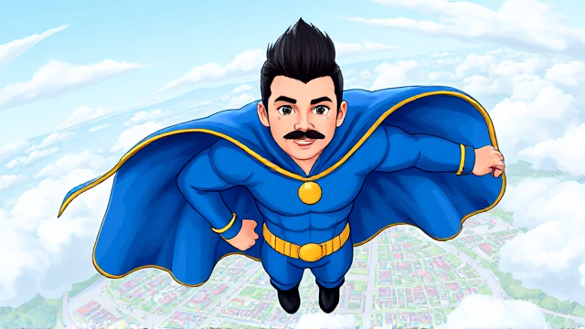 2D Modern Cartoon scene: A preteen 12-year old boy with light skin and freckles on his cheeks named Kyle Lipton, but transformed into a superhero named Dr. Dimensionpants, who, despite still being a kid, has an extremely muscular body. He wears a tight blue hood outlined by a yellow line that covers the back half of his head and leaves his ears exposed, with a smooth, slicked back black mohawk on top. He also wears a sleek blue bodysuit outlined with yellow lines on the cuffs of the sleeves and pants, a golden belt with a circular buckle, black boots, and a really big, heel-length long, ultra-wide blue cape with a really big collar outlined with yellow lines wreathed around his neck held up by a golden button. The pupils in his eyes are green, and he has a long black twin moustache, which help protect his true identity in this form. He also has incredible, invincible, and cosmic superpowers flowing through his veins. He is currently flying through the sky high above Ganderville, the city he protects, searching for trouble, his cape billowing majestically.