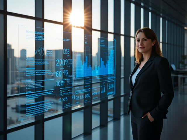 a businesswoman standing confidently next to a futuristic holographic screen displaying complex predictive analytics data, in a high-tech modern office with large glass windows showing a cityscape, hyper-realistic style, bright natural lighting with sun rays entering from the side, eye-level camera position