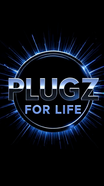 Create a stunning 3D 8k logo for PLUGZ FOR LIFE with ultra-modern, sleek design elements. Feature bold sans-serif typography emerging from a pitch-black background. Add electrifying light beams inspired by the Capcut app icon's glow, casting deep shadows and striking highlights on the logo's surface. Incorporate a mix of cutting-edge curves, sharp edges, and fluid lines to express speed and elegance. Encase the logo in a metallic skin with a mirror-like finish for dramatic light reflection, evoking vigorous motion. Draw inspiration from Pixar's distinct imagery and geometric shapes, enhancing with vibrant colors and polished surfaces for depth. Use rendering techniques similar to Unreal Engine’s hyper-realism and Octane Renderer's ray tracing for mesmerizing reflections, along with V-Ray’s sophisticated lighting effects to enhance mood. Aim for a surreal visual spectacle with sci-fi elements, exaggerating every aspect for maximum impact. Include pulsating neon accents, holographic textures, and dynamic energy arcs swirling around the logo like electric tendrils. Enhance with shimmering particle effects to add vibrancy and complexity, resulting in an audaciously lavish creation that avoids subtlety or minimalism
