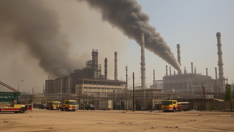 Image depicting the aftermath of Israel's airstrikes on two oil refineries in Iran, with smoke billowing from the damaged structures and emergency responders in action
