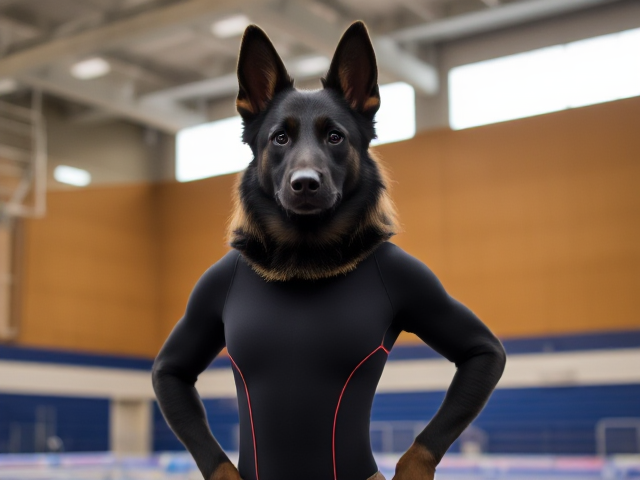 A anthropomorphic black German shepherd with blonde hair wearing a gymnastics leotard in a gymnasium
