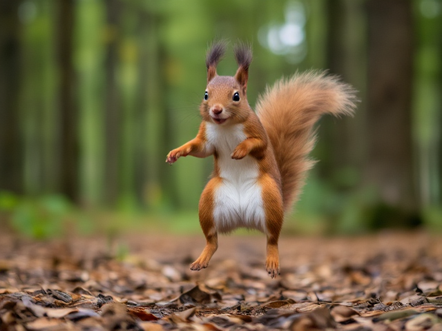 A squirrel dancing in a forest, mid-jump with a joyful expression, detailed fur texture, vibrant colors